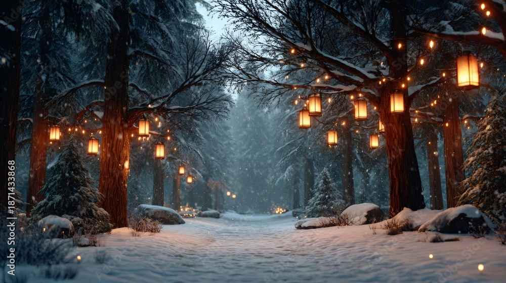 Obraz premium Winter forest path glowing with festive lanterns
