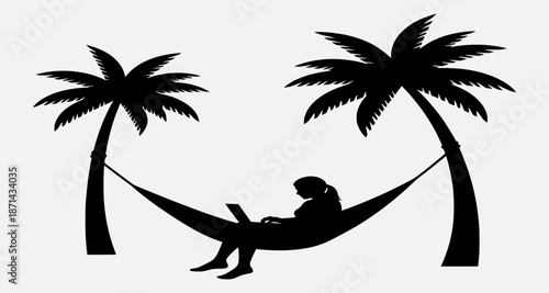 Serene silhouette of a person relaxing in a hammock between two palm trees on a tropical island