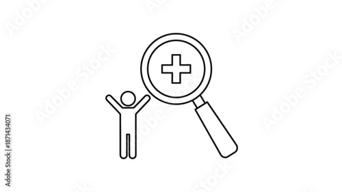Line art illustration depicting a magnifying glass hovering over a stick figure person