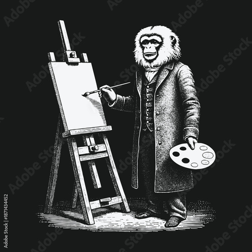 Monkey artist creating a masterpiece on canvas with focused expression.