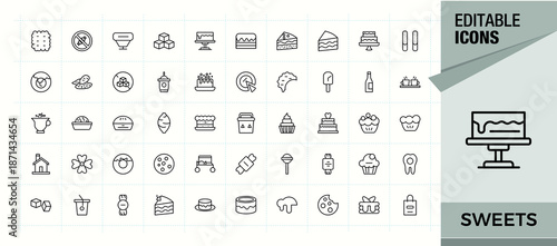 Sweets icon set. Icons for website. It contains symbols to dessert, pastry, bakery, sweet, food, candy, chocolate. Vector artwork and illustration. Chocolate simple icon set.