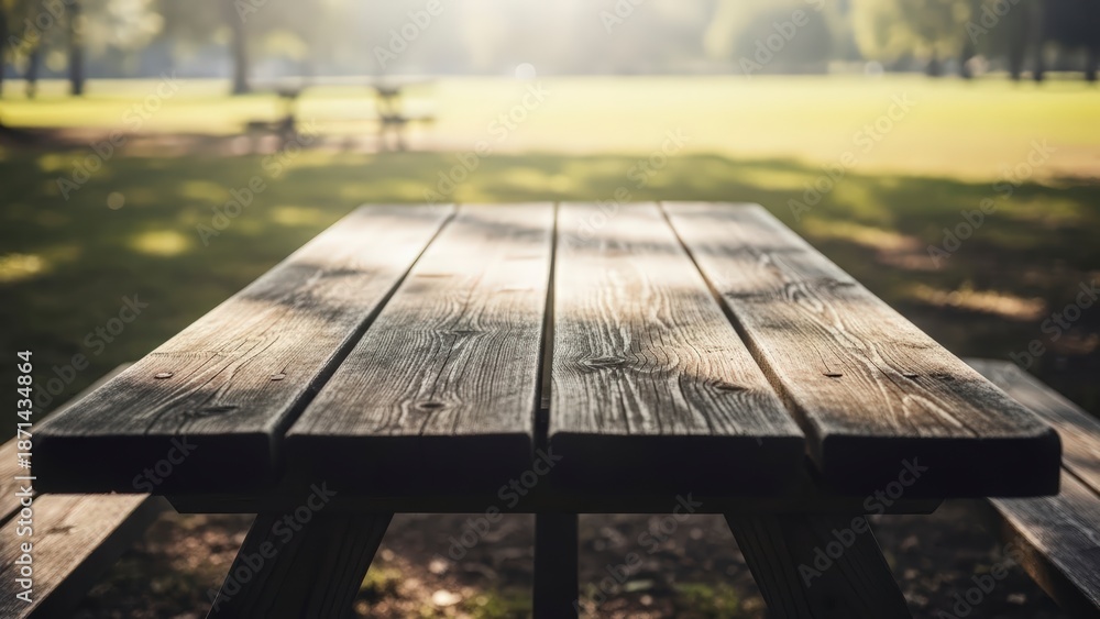 Fototapeta premium Empty Wooden Picnic Table in a Sunny Park Setting with Blurred Green Background.
