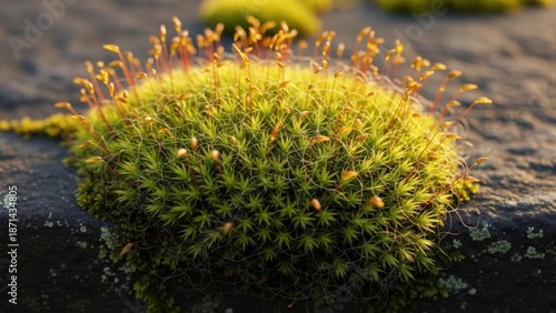Vibrant green moss with delicate spore capsules growing on a rough stone surface in soft sunlight.