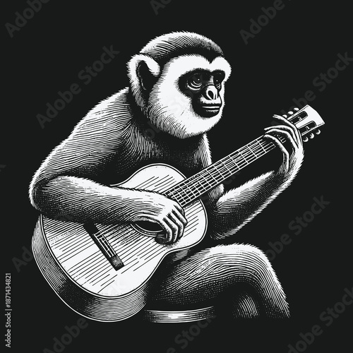 Monkey serenading with a guitar a musical primate performance.