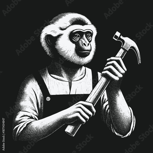 Monkey Carpenter: A Detailed Black and White Illustration.