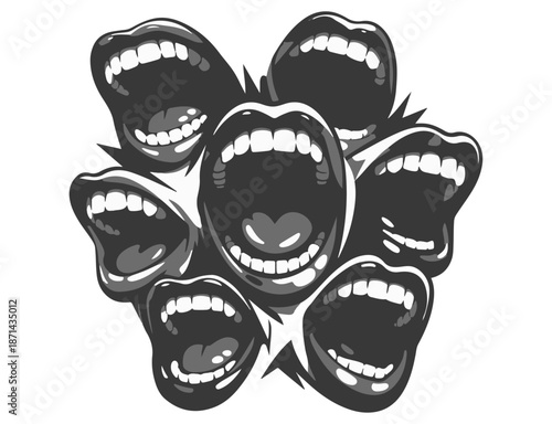 Chaotic Voices – Abstract Vector of Screaming Mouths in Black and White, screaming mouths, open mouth, chaos, noise, loud, protest, voices, shout, scream, anger, emotion, abstract, surreal, collage,