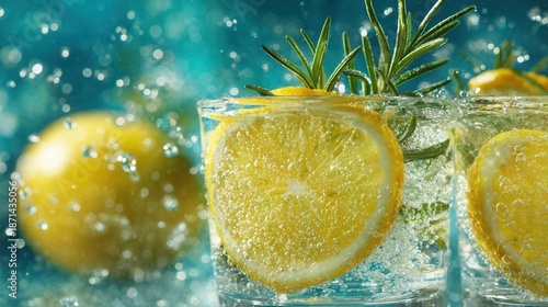refreshing lemon slices floating in sparkling water with fresh rosemary sprigs, bright bubbly summer drink scene, visible carbonation bubbles rising through the water, crystal-clear liquid