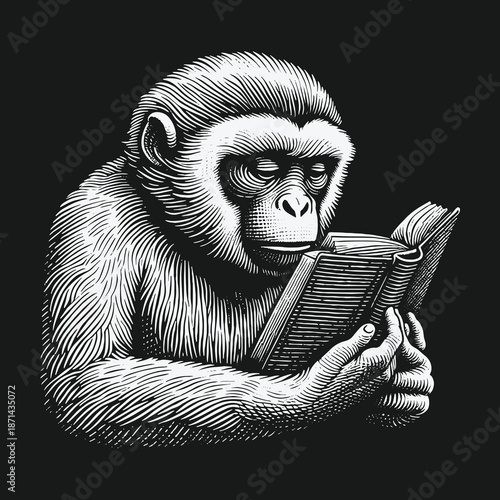 Engrossed Monkey Reading a Book in Detailed Engraving Style.