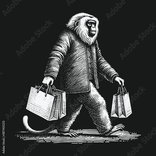 Monkey in a Suit Shopping with Bags Illustration.