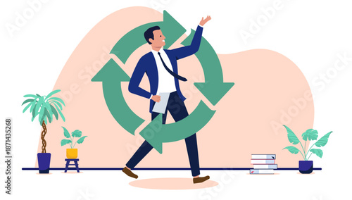 Businessman walking through a green circular economy arrow symbol representing sustainable corporate growth, eco-friendly business practices and recycling concepts in a modern flat design vector