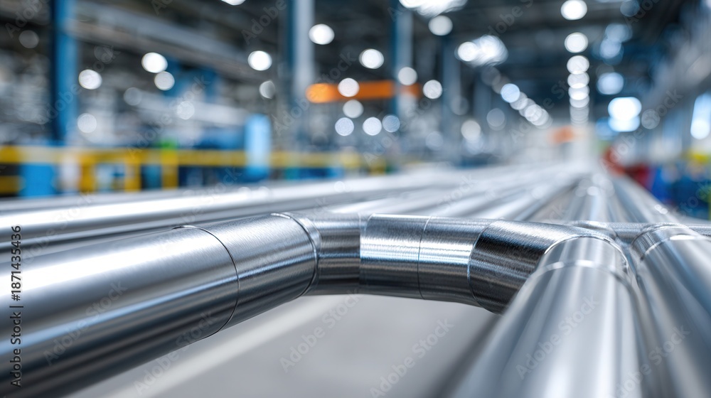 Fototapeta premium Steel pipelines running through a modern factory, industrial setting with metal textures, realistic lighting, detailed pipes and connectors, spacious manufacturing environment