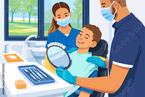 Brave child undergoing a health screening under expert control in the dental clinic.