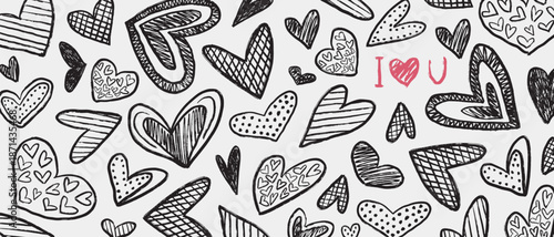 Hand drawn grunge Valentines day hearts background. Wedding or valentine day card invitations, poster, party banner Vector sketch illustration in vintage crayon charcoal style