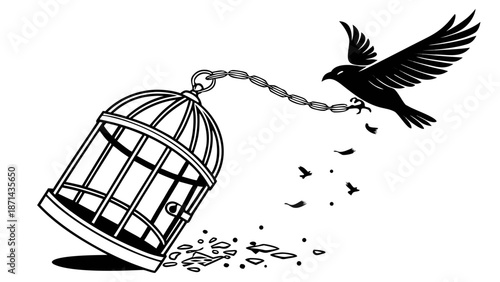 Black and White Vector Graphic with Broken Birdcage Illustration