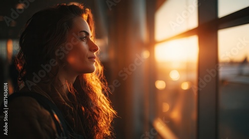 young woman looking out at an airplane through large airport windows during sunset, warm golden light illuminating her face and hair, soft reflections on glass, casual clothing