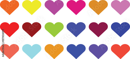 colorful heart icons vector set on white background with vibrant love symbols representing romance, diversity, emotion, and modern flat design