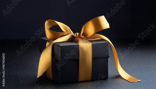 elegant black gift box with golden ribbon on dark background