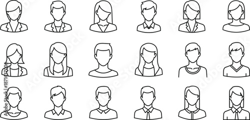 Collection of simple line drawings of various people displaying different hairstyles and expressions in a grid format