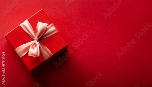 top view on red gift box on red background