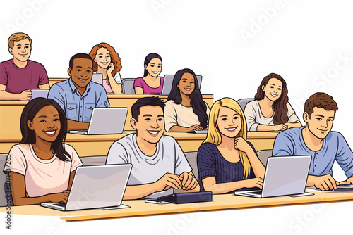 Group of students taking lecture notes and focusing on education in the university amphitheater.