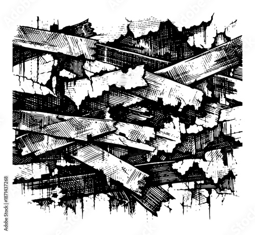 broken wooden planks vector illustration with distressed grunge texture and ink style shading