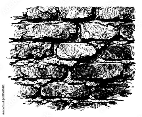 Old rough brick wall texture background illustrated in black and white sketch style