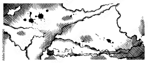 horizontal grunge banner with torn edges and ink splatter texture in sketch style