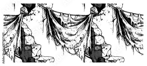 seamless horizontal border of old torn rags hanging from rope in vintage engraving style