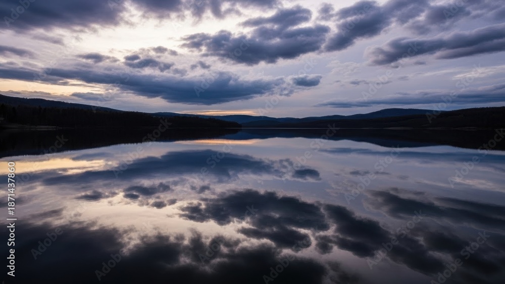 Obraz premium Dramatic Cloudscape Reflected in Calm Lake Waters at Dusk.