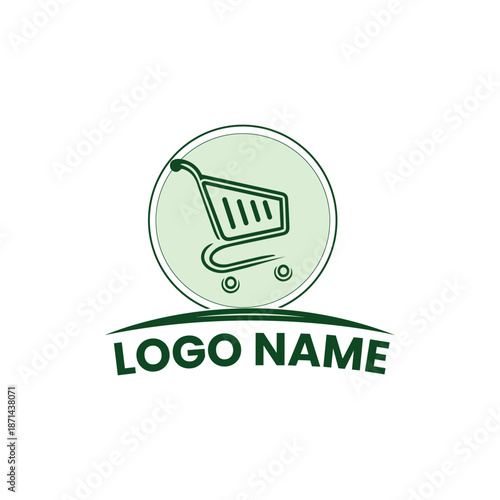 Ecommerce online shopping cart emblem logo design with green outline, circular badge vector, business online mart store branding