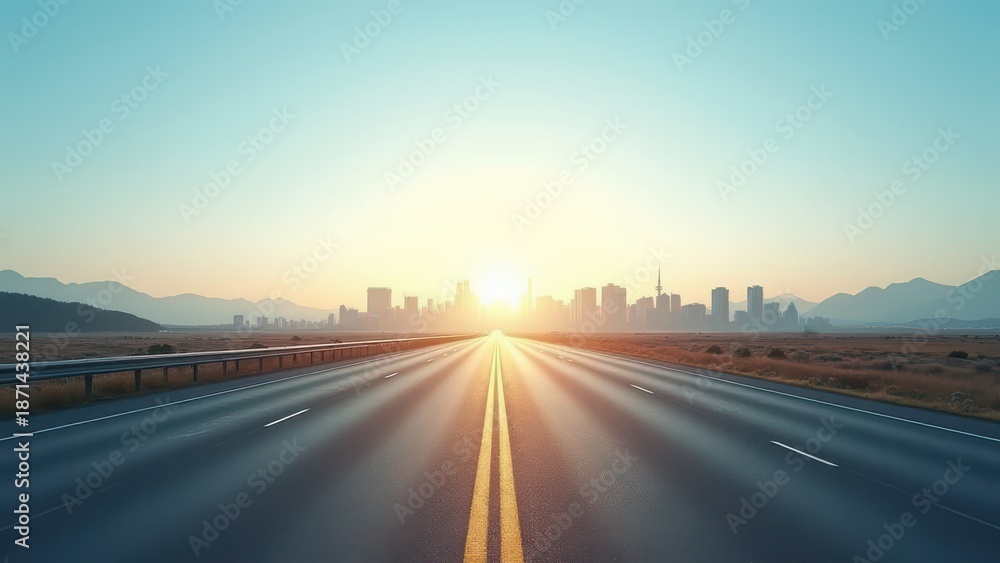 Fototapeta premium wide open road from low angle perspective leading toward distant city skyline under clear sky minimal highway scene with strong depth and freedom feeling concept of travel transportation