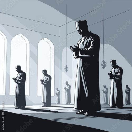 Muslim Men Praying in Mosque During Ramadan Holy Month