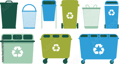 Vector illustration set of various recycling bins and trash cans isolated on white background.