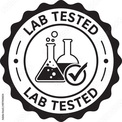 Isolated Black and White Lab Tested Vector Badge Icon with Laboratory Flasks and Checkmark