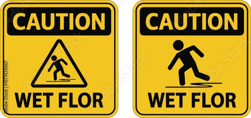 Two Yellow Caution Warning Signs Vector with Slipping Person Icon and 'CAUTION WET FLOR' Text