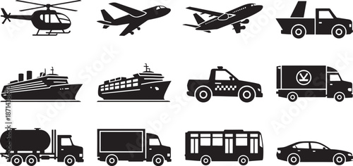 Collection of Black Transportation Vehicle Icons Vector Silhouettes Isolated