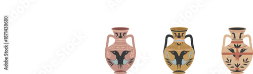 Set of ancient Greek amphora vases with traditional black bird patterns, antique pottery flat vector illustration for history