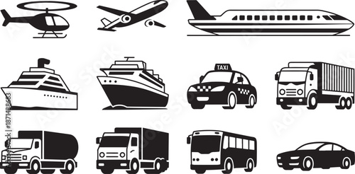 Black and White Vector Icons Set of Various Transportation Modes and Vehicles
