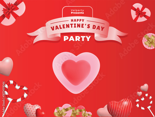 Valentine Day Party Photocall Backdrop Template 3D Red Heart Ribbon