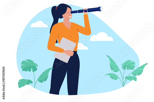 Young businesswoman holding a laptop and looking through a spyglass telescope to find new opportunities and future success in a modern flat design vector illustration with outdoor sky background