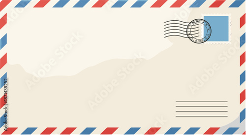 Vintage airmail envelope with red, white, and blue chevron border and postage stamp