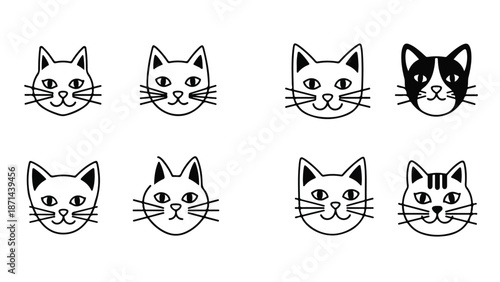A flat lay of eight different cartoon cat faces in black and white line art on a clean white background.