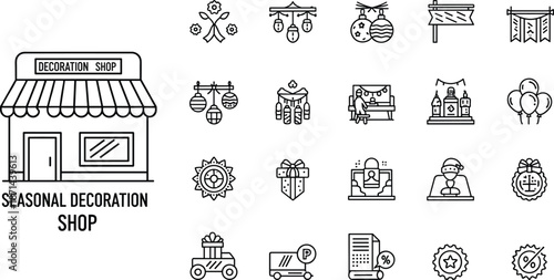 Seasonal decoration shop icon set illustration, festive decor elements and accessories symbols, outline vector style, retail business concept, isolated white background