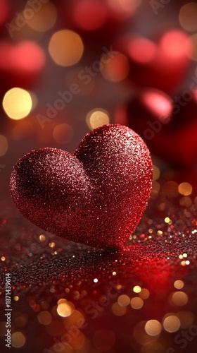 Vertical Valentines Day Banner Background Featuring Glitter Red Heart With Soft Bokeh Lights Romantic Mood And Elegant Copy Space