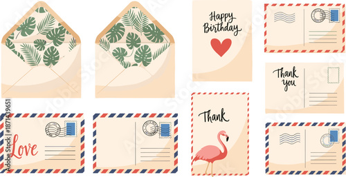 Decorative envelope and postcard set with tropical patterns and greeting messages