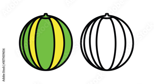Two green and yellow striped and black line illustration of melons on a white background.