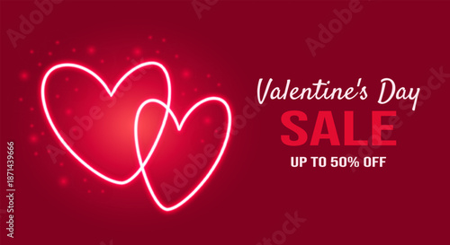 Valentine's Day sale banner with neon glowing intertwined hearts on a deep red background. Promotional offers, holiday marketing