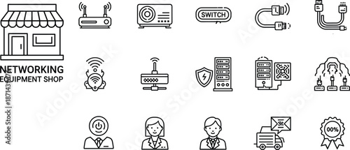 Networking equipment shop icon set illustration, internet and server devices symbols, outline vector style, technology retail concept, isolated white background