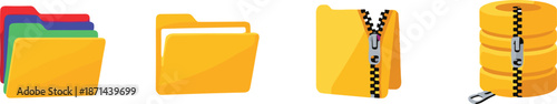 File storage and compression icon set with folders, zipped archives, and stacked disks