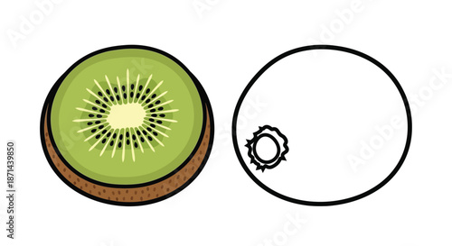 Illustration of a halved kiwi fruit with seeds on a white background, showcasing its green interior and brown skin.